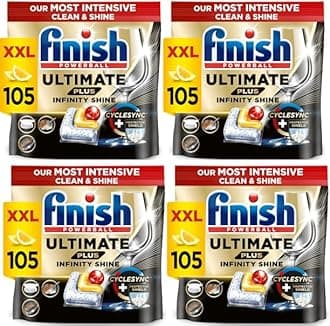 Finish Dishwasher Tablet, Ultimate Plus Infinity Shine, 420 Tabs (105 x 4pck), Lemon Sparkle, Tough on Grease, Our Most Intensive Clean & Shine, Effective for Short Eco Cycle