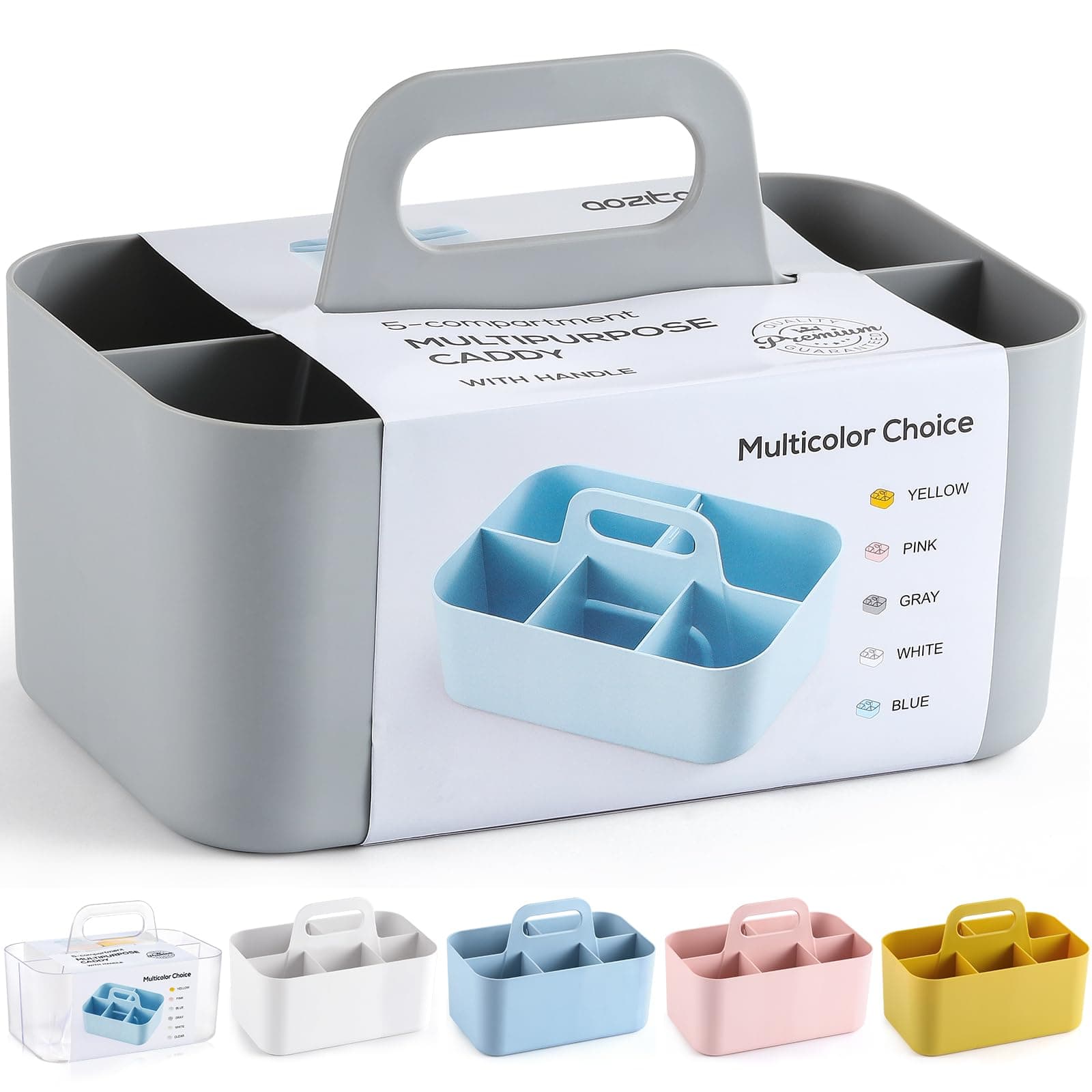 Multipurpose Caddy Organizer with Handle, 5 Cpmpartments - Stackable Plastic Caddy Box with Divider | Desk, Makeup, Dorm, School Classroom Art, Utensil, Shower, Cleaning Items Storage Tote - Grey