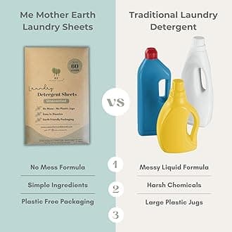 ME Mother Earth Laundry Detergent Sheets - Up to 60 Loads, Ultra-Convenient Concentrated Liquidless Sheets, Hypoallergenic, Plastic-Free & Eco-Friendly Packaging, Travel Friendly - Unscented