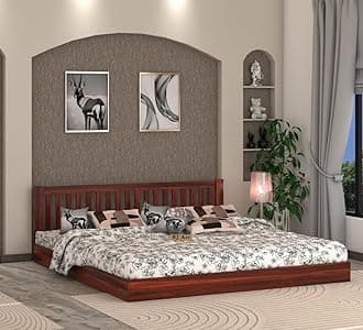 Wooden Low Height Queen Size Bed Without Storage | Wooden Platform Double Bed | Space Saving Low Floor/Lying/Rise/Level/Profile Cot Bed for Bedroom | Basic Headboard | Honey Finish