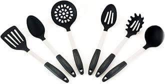 Stainless Steel & Silicone Kitchen Cooking Utensil 6 Piece Set, Classic Black Color, Nonstick, Heat-Resistant. Ladle, Spoon, Pasta Claw, Turner Spatula, Slotted Spoon, and Straining Spoon