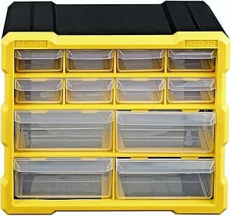Alkon Plastics Private Limited Component Organizer ACO12 Small Part Organiser Jewellry Storage, Pharmacy Medicine Nuts, Screws and Bolts Storage Multiple Drawers - 12 with Dividers, Yellow/Black