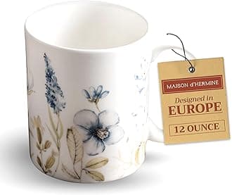 Maison d' Hermine Coffee Mug with Handles Fine Bone China Mugs Pack of One Tea Cups for Hot Beverages Cappuccino Latte Home Restaurant Office Perfect for Gift (Ice Florals - Forsty Morning, 12 Ounce)