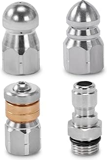 RIDGE WASHER Sewer Jetter Nozzle for Pressure Washer, 3 pcs Drain Cleaning Nozzle Tips Kit for Drain Jetting Hose Stainless Steel, Rotating Button Nose with 1/4'' Quick Connect, 5000 PSI