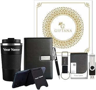 Giftana Personalized Pen with Diary, Keychain, Card Holder, Mobile Stand, Pen Drive, Coffee Tumbler Set with Name 7 in 1 Personalised Gift for Husband,Father,Diwali Corporate Gift for Employee- Black