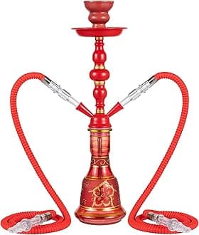 20" Hookah set - 2 Hose Premium Shisha Hookah Kit with Glass Vase, Ceramic Bowl and Coal Tongs Ashtray (Red)