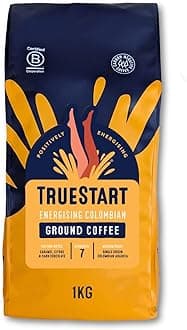 TrueStart Ground Coffee 1kg, Smooth Energising Colombian - Ground Coffee for Cafetiere, V60 & Aeropress, Mycotoxin-Free, Rich in Antioxidants, Freshly Hand Roasted Speciality Grade, Medium Roast