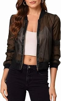 Women's Crop Mesh Sheer Bomber Jackets Lightweight Long Sleeve Zip Up Jacket Outwear