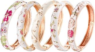 UJOY Bangles 5 Pcs Enamel Jewelry Set Rose Flower Engraved Cloisonne Bracelets Pack in a Box 5PCS