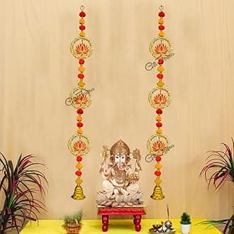 3 Tier Bijiya Bell Latkan with Red Lotus Hanging (Pack of 2) Wall Hangings, Temple Diwali Decorative Items | Backdrop for Ganpati Pooja Room Decoration | Pooja Room Home Temple Decor