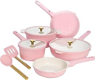 Ceramic Nonstick Cookware Set, Cast Aluminum with Dual Layer Nonstick Coating, Gold Heart Knobs, Stay-Cool Handles, Made Without PFAS, PFOA, PFOS & PTFE, Dishwasher Safe, 10-Piece, Pink