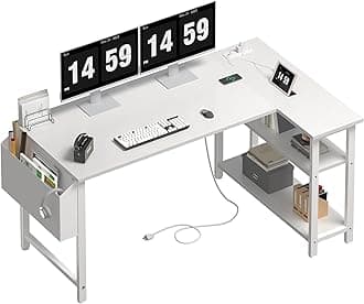 Lufeiya White L Shaped Computer Desk with Power Outlet Shelves, 47 Inch Corner Desk for Home Office Bedroom, L-Shaped Study Writing Working PC Desks, White