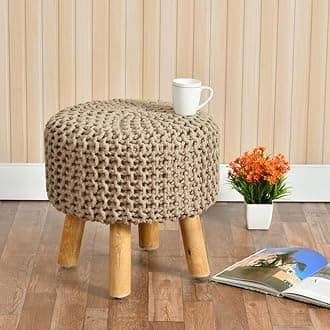 Sitting Solutions for Home - Wooden Frame Round Ottomans | Ottoman for Living Room | Bedroom, Study & Makeup Table | 16x16x18 Inch (Beige)