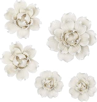 LIUCOGXI 5 Pcs Ceramic Flower Wall Decor Handcrafted 3D Hanging Porcelain Flowers Wall Art Ceramic Peony White Sculpture for Girls Room Hallway Farmhouse Home Decor