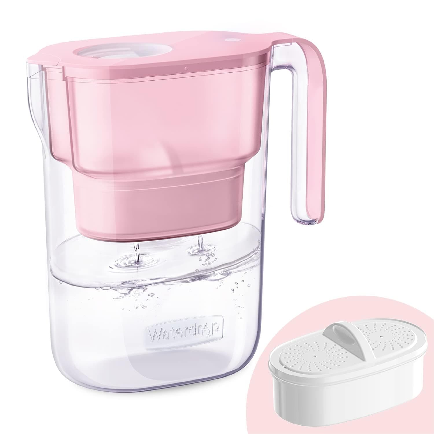 Waterdrop Water Filter Pot, Water Filter Capacity: 0.4 gal (1.7 L), Total Capacity: 0.8 gal (3 L), Fast Filtration, NSF Certified, Includes 1 Cartridge, Pink