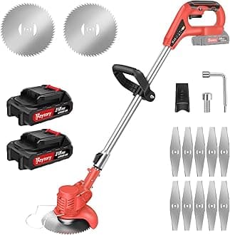 Metal Blade Cordless Strimmer Lightweight Grass Trimmers With 10 Metal Blades, 2 Saw Disc, 2 1.5Ah Batteries, 15cm Cutting Diameter, Adjustable Height and Cutting Head, For Lawn Garden (Red)