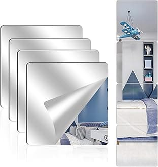 4 Pack Acrylic Mirrors for Wall,8 x 8 Inch Self Adhesive Frameless Small Mirror Tiles, Flexible Plastic Mirror Sheets for Bedroom Home Gym Door (8 * 8 inch)