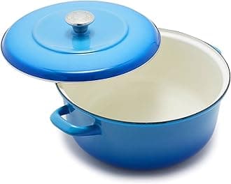 7QT Round Dutch Oven Casserole Pot with Lid, European Crafted Enameled Iron Stockpot, Induction & All Cooktops, Braising, Stews, Roasting, Slow Cooking, Sourdough, Caribbean Blue