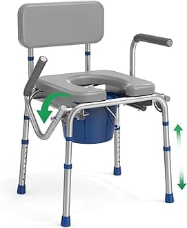 - Loyoda Drop Arm Bedside Commode, Commode with Padded Seat and Backrest, 500lbs Capacity, 5.81QT Removable Bucket, Adjustable Height Portable Toilet for Adults, Gray