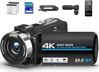 Camcorder Video Camera 4K 80MP Ultra HD Vlogging Camera for YouTube 18X Digital Zoom IR Night Vision 3.0" IPS Screen Video Recorder With Handheld Stabilizer, Microphone, 32G SD Card and Remote Control