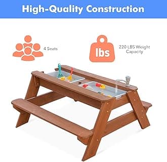 Kids 3-in-1 Sand & Water Table, Wood Outdoor Convertible Picnic Table w/Umbrella, 2 Trays, Removable Top with Faucet, Picnic Table for Outdoor (Brown/Navy)