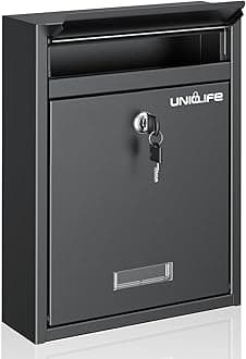 Uniclife Wall Mount Mailbox for Outside, Locking Mail Box, Large Mailbox with Key Lock, Security Mail Box for House, Safe Key Drop Box, Post Box, Steel Cash Drop Box for Home Office School, Black