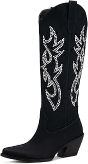 Pasuot Western Cowboy Boots for Women - Knee High Wide Calf Cowgirl Boots with Side Zip and Embroidered, Pointed Toe Chunky Heel Fashion Retro Classic Tall Boot Pull On for Girls Ladies Fall Winter