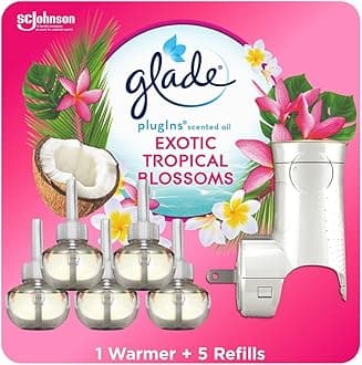 Glade PlugIns Refills Air Freshener Starter Kit, Scented and Essential Oils for Home and Bathroom, Tropical Blossoms, 3.35 Fl Oz, 1 Warmer + 5 Refills