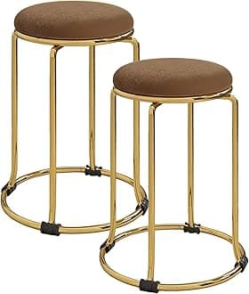 - Elegant Round Flannel Ottoman Chair for Dining, Living Room & Makeup Area – Golden Metal Base, Shoe Changing Seat, 46CM Height (Brown)