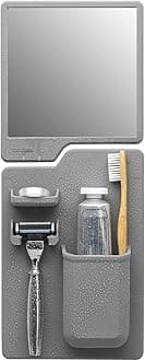 The Harvey & Oliver Set - Toothbrush & Razor Holder and Fog Resistant Mirror - Silicone Shower & Bathroom Accessory - Features Silicone-Grip Technology, Removable & Reusable - Grey