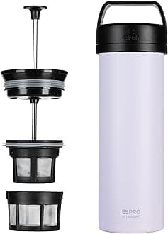 P0 Ultralight French Press Coffee Maker for Travel, Vacuum Insulated Stainless Steel, 16 Ounces, Light Pink