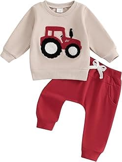Adobabirl Toddler Baby Boy Fall Outfits Tractor Embroidery Long Sleeve Sweatshirt and Pants Set Farm Winter Clothes