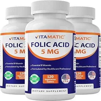 Vitamatic Folic Acid 5mg (5000 mcg) – 120 Vegetarian Tablets per Bottle – Vitamin B9 (Folate) – 3-Pack | Total 360 Tablets