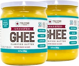 2 PACK Tin Star Foods 16 oz GRASSFED GHEE made with Certified and Sustainably Farmed Grassfed Butter. Traditional Ghee Made In Kettles And Shipped In Glass Jars. Produced In Dallas TX. Desi Style