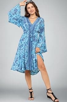 KE KANHA EXPORTS Dress for Woman|Boho Dresses for Women|Beach Wear|Border Print|Adjustable Tassel at Waist|Vacation Boho Casual|Multicolor|Easily fits S-M-L|Bust 32-38 in|Length 40 in