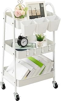 danpinera 3-Tier Rolling Cart, Metal Rolling Storage Cart with Lockable Wheels & Hanging Cups & Hooks, Mobile Trolley Cart for Kitchen, Bathroom, Office, Workshop, White