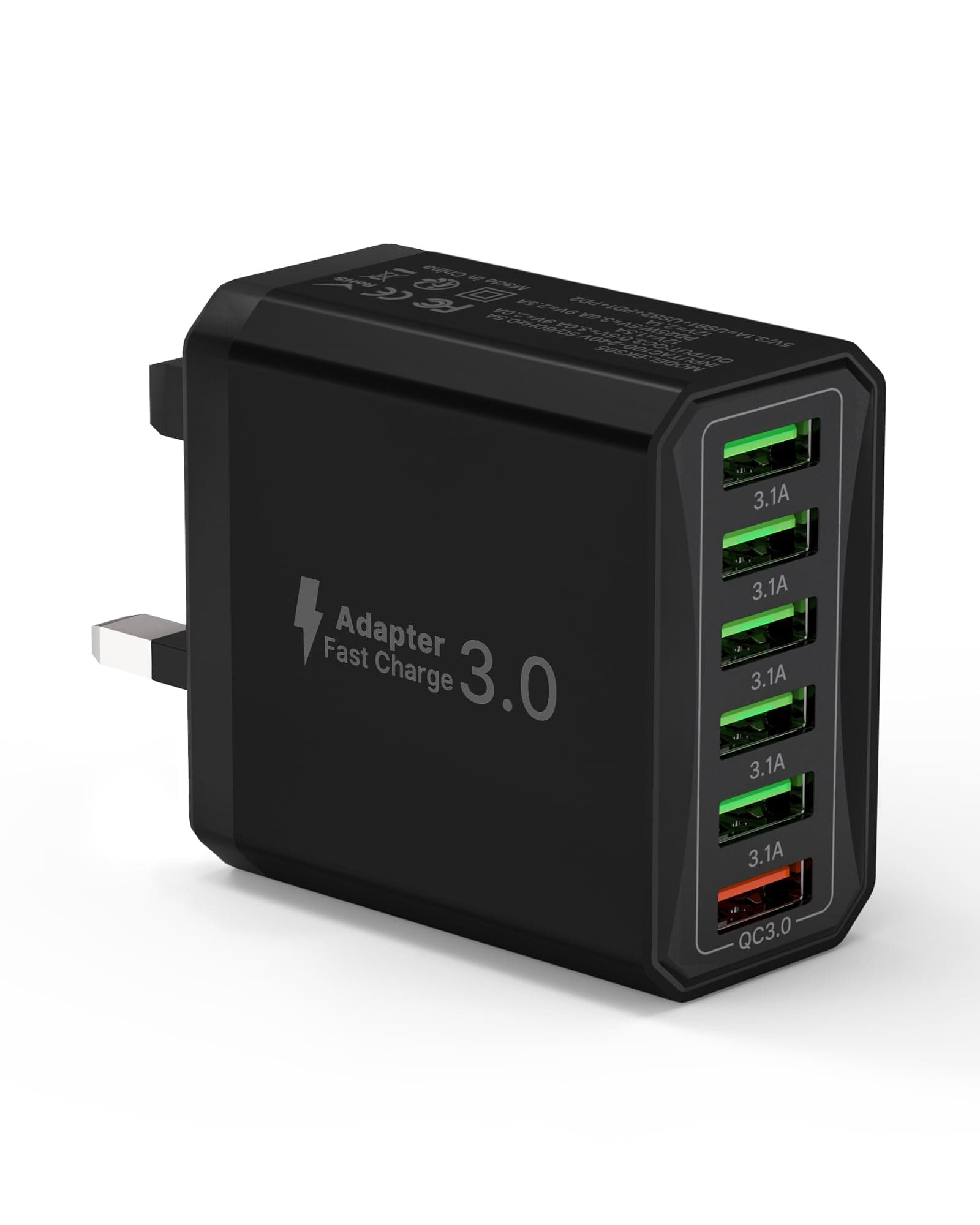 33W USB Plug Fast Charge, 6-Port Multi Charger Plug UK Charging Plug Power Adapter Multiple Quick Charge 3.0 Wall Plug for iPhone 16 15 14 13 12 11 Pro Max XR XS 8 Plus, iPad, Samsung, Handy