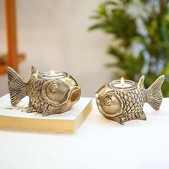 BEHOMA Metal Fish Aluminum Figurine with Votive Good Luck and Success | Candle Holder for Home Decor Tabletop Living Room | Showpiece for Valentine's Day, Birthday, Gold,13.5 Cm,7.5 Cm