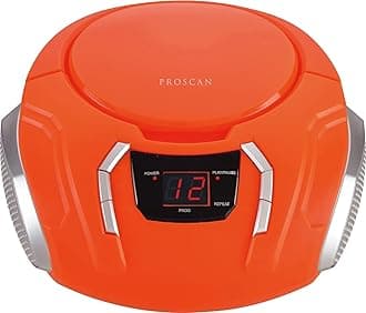 Portable CD Player Boombox with AM/FM Radio + Built in Speakers + Aux Input to Phone/Headphones/Any Audio - CD Players for Home Using AC Adapter or C Batteries (Orange)
