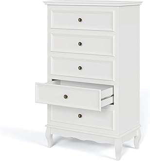 RoyalCraft White Dresser for Bedroom, Modern 5 Drawer Dresser, Wood Rustic Tall Chset of Drawers, Storage Dressers Organizer for Bedroom, Living Room,Hallway