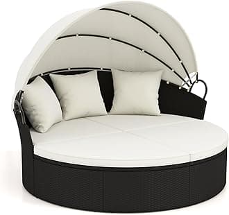 RELAX4LIFE Round Outdoor Daybed with Canopy - Wicker Rattan Sectional Sofa Sunbed w/Cushions & 3 Pillows, Clamshell Conversation Lounger Separated Seating Set for Garden Porch, Patio Day Bed (Beige)