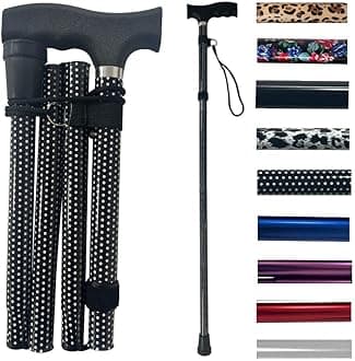 Healthcare Folding Walking Stick–Adjustable Height Lightweight Aluminium Cane for Elderly Disabled Men & Women–Non-Slip Rubber Tip Ergonomic Handle & Travel-Friendly Design (Polka Dot)