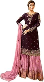 JIVRAJ FASHIONSewn Salwar Kameez Sharara long Sleeves Indian Designer Shalwar Suit Party Wear Ready To Wear ethnic Heavy Foux Georgette Nazmeen Chiffon Dupatta