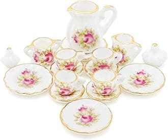 1/12 Miniature Porcelain Tea Set 15Pcs Dollhouse Decoration Accessories, Pink Rose