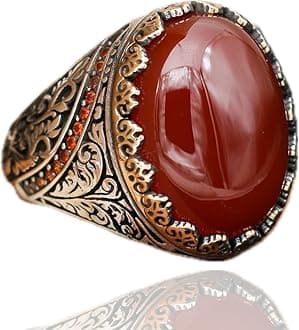 Agate Aqeeq Men's Ring, Sterling Silver, Yemeni Aqeeq, Turkish Ring, Statement Ring, Cocktail Party, Classic Style, Silver Color, 925 Sterling Silver, 14g, 15*20mm Agate Stone