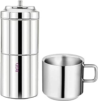 PGD Traditional Stainless Steel South Indian Filter Coffee Maker, 200ml Small, Size 2 with Double Wall Cup