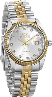 His and Her Matching Set Couple Watches Gold-Silver Tone Quartz Calendar Watch for Men Women