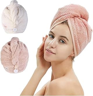 M-bestl 2 Pack Microfiber Hair Towel Wrap,Hair Drying Towel with Button, Hair Towel Turban,Quick Dry,Anti-frizz,Absorbent Head Towel (Pink&Beige)