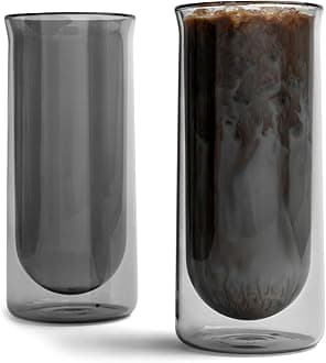 FLUR Iced Coffee Glasses (Set of 2) Perfect for Iced Coffee, Cold Brew & Lattes – Double-Walled Borosilicate Glass – For Hot & Cold Drinks – Lightweight & Easy to Clean – 15.5oz (Smoke)