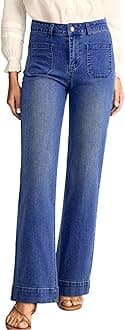 Astylish Wide Leg Jeans Woman High Waisted Stretchy Straight Leg Jeans Buttoned Loose Denim Pants with Patch Pocket Size 14 Dark Blue